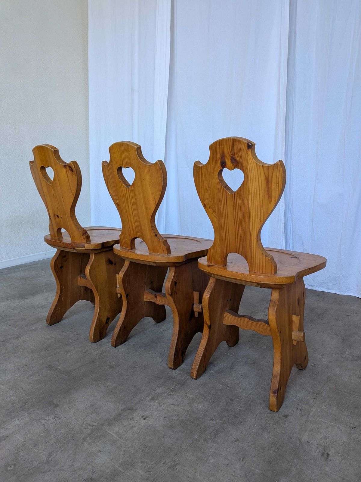 Set Of 3 Vintage Tyrolean Wooden Chairs / Heart Cut Out Backrest Farmhouse Chair photo 790.0