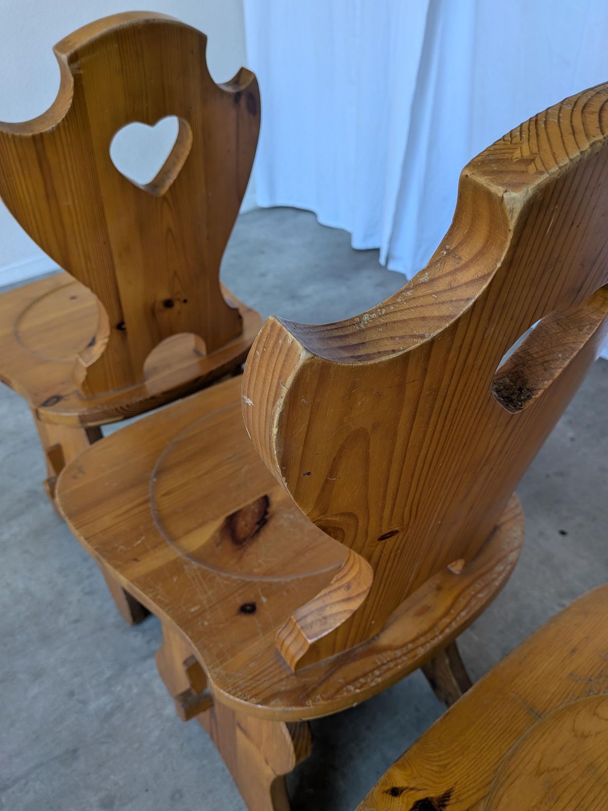 Furniture Set Of 3 Vintage Tyrolean Wooden Chairs / Heart Cut Out Backrest Farmhouse Chair photo