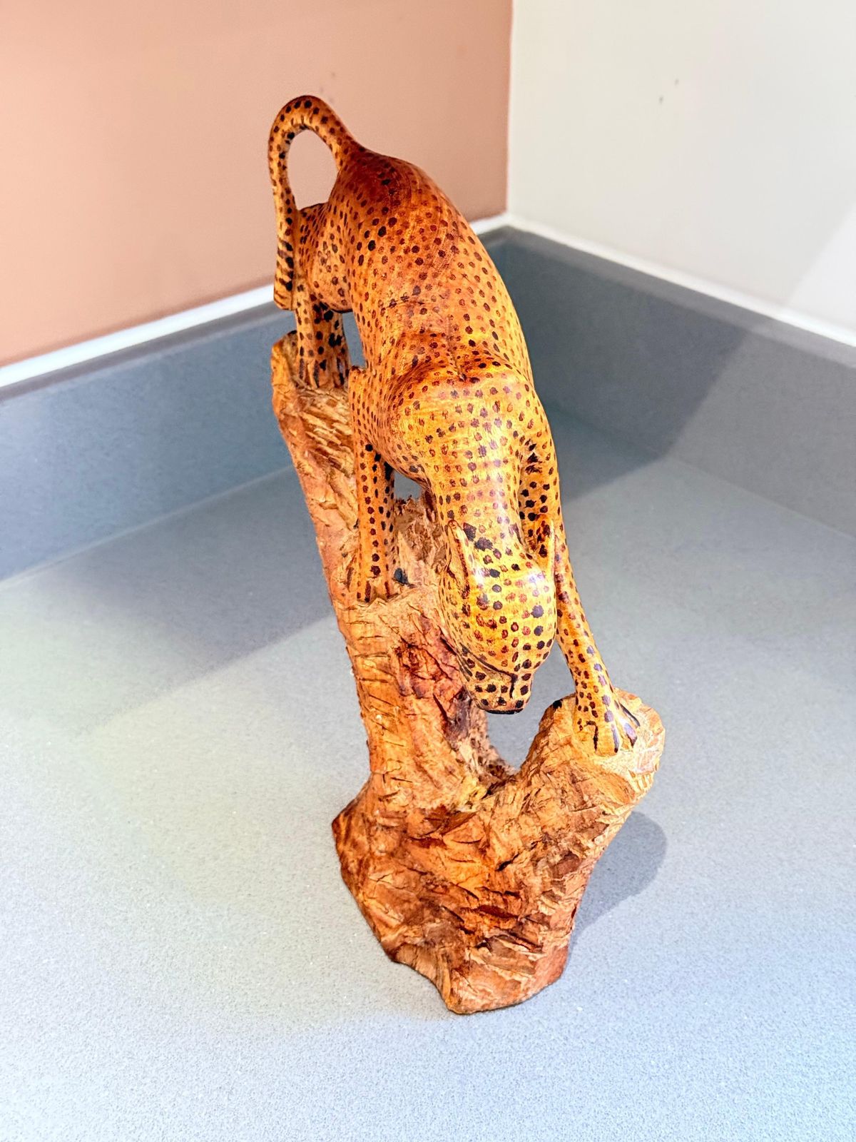 Hand Carved African Leopard Sculpture On Tree Trunk, Tribal Folk Art Figure photo for sale