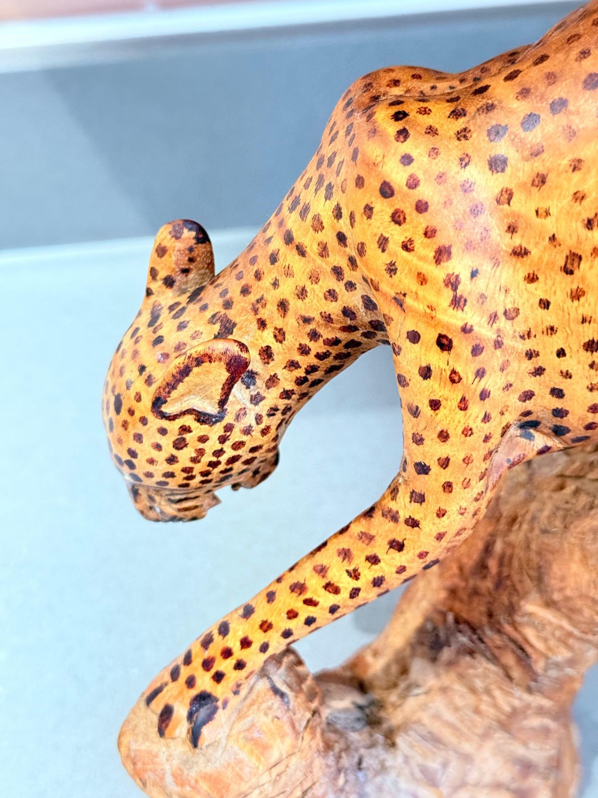 Hand Carved African Leopard Sculpture On Tree Trunk, Tribal Folk Art Figure photo 1800.0