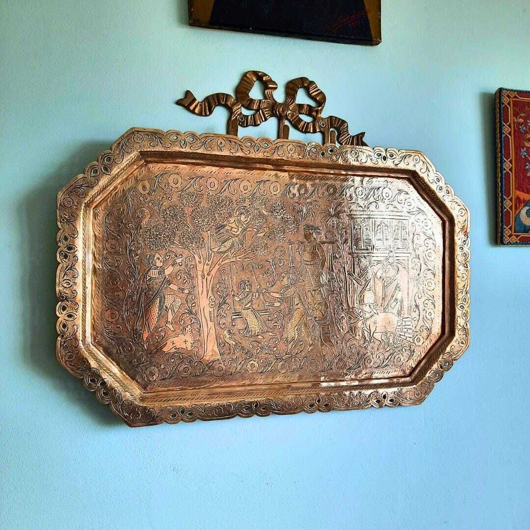 Large Antique Indian Brass Tray Finely Hand Engraved Court Scene Rectangular Shape L 22.5'' Could Be Hanged photo Home Decor