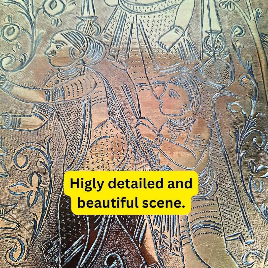 Large Antique Indian Brass Tray Finely Hand Engraved Court Scene Rectangular Shape L 22.5'' Could Be Hanged photo vinterior