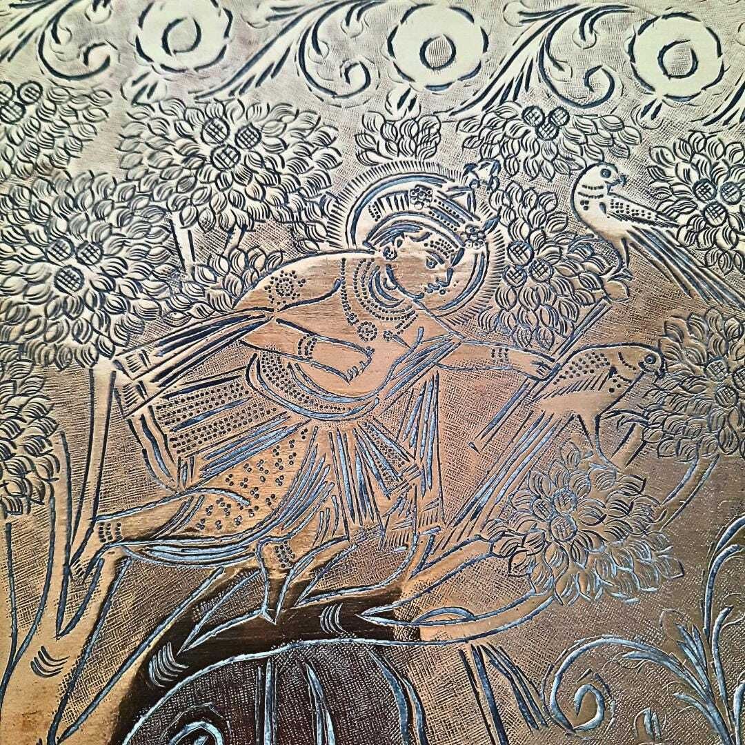 Large Antique Indian Brass Tray Finely Hand Engraved Court Scene Rectangular Shape L 22.5'' Could Be Hanged photo buy