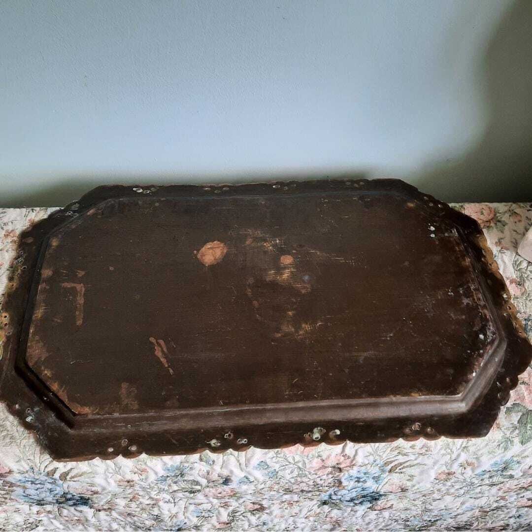 Home Decor Large Antique Indian Brass Tray Finely Hand Engraved Court Scene Rectangular Shape L 22.5'' Could Be Hanged photo