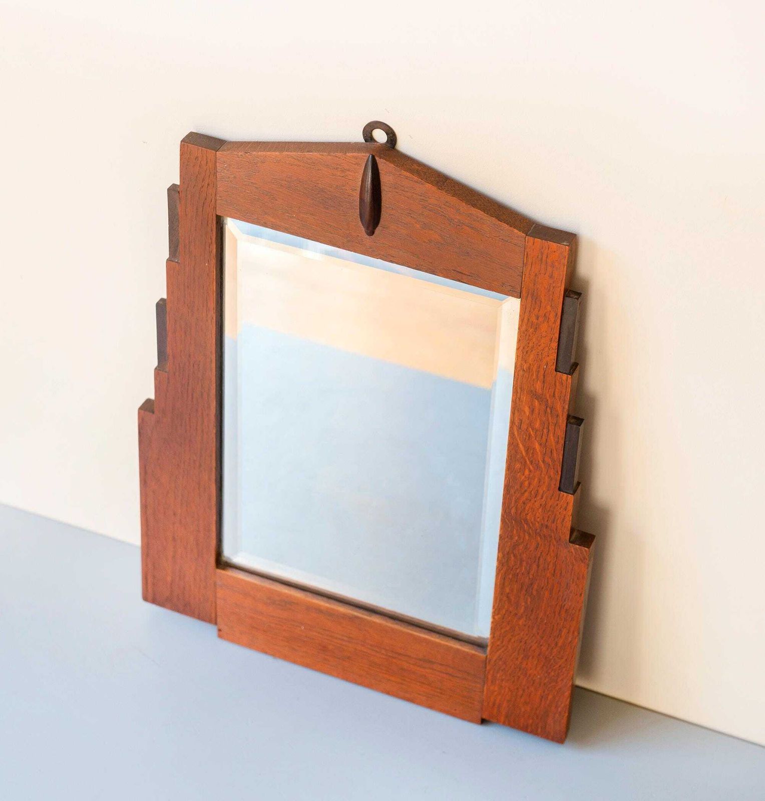Art Deco Wall Mirror With Beveled Glass   Dutch Antique Mirror   Amsterdam School Wooden Mirror   1920s Geometric Stepped Oak Frame photo Home Decor
