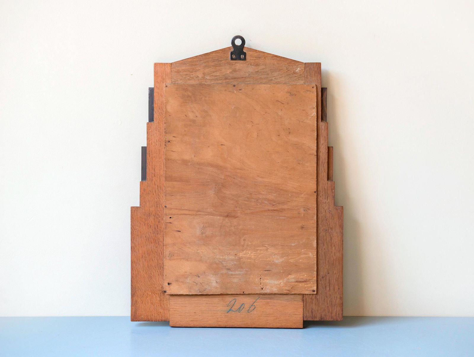 Art Deco Wandspiegel Met Geslepen Glas | Antieke Nederlandse Spiegel | Amsterdam School Houten Spiegel | Geometrisch Getrapt Eikenhouten Frame, Jaren 1920 photo vinterior
