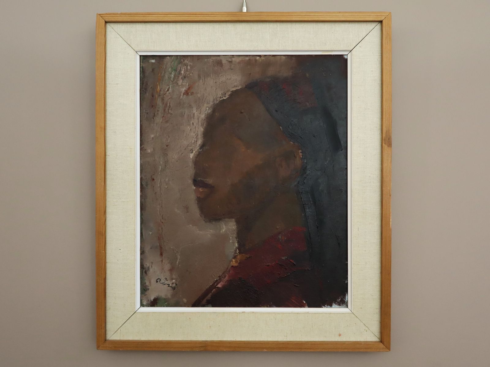Profiel in Bordeauxrood, olieverfschilderij