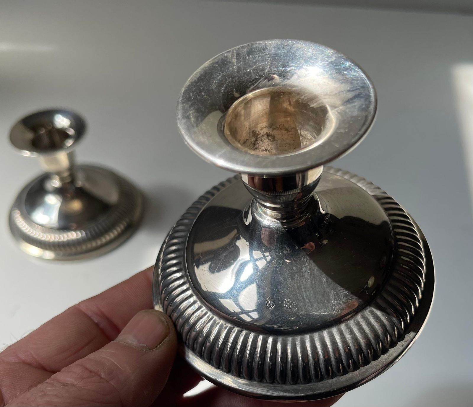 Danish Art Deco   A Pair Of Low Silver Candleholders, Dg 830 Sterling photo vinterior