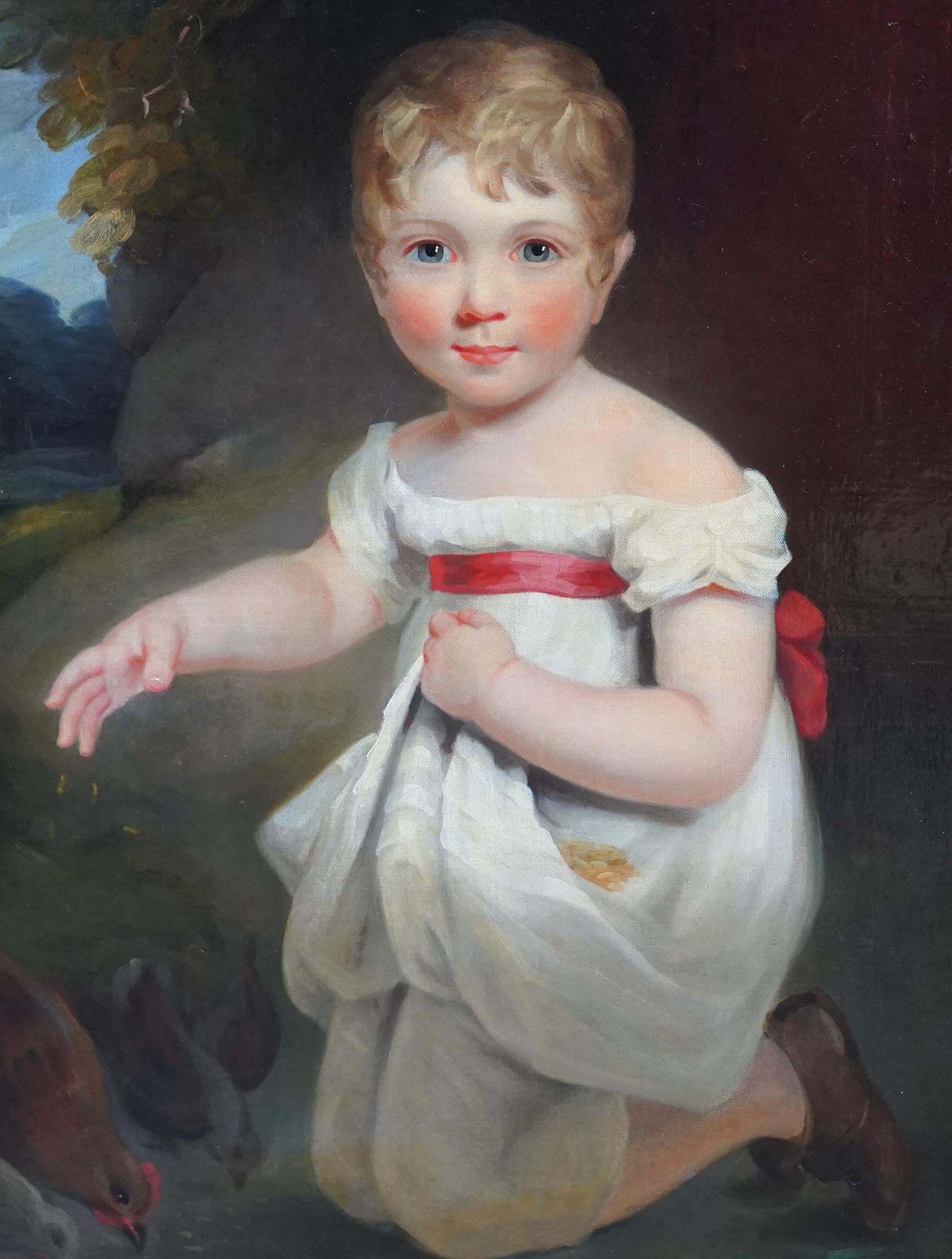 William Owen Portrait Of Young Girl Feeding Chickens   British 19th Century Art Oil Painting Circa 1810 photo for sale