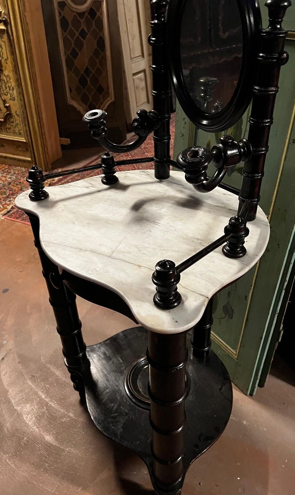 Toilet In Dark Wood And White Marble Top, Italy photo for sale