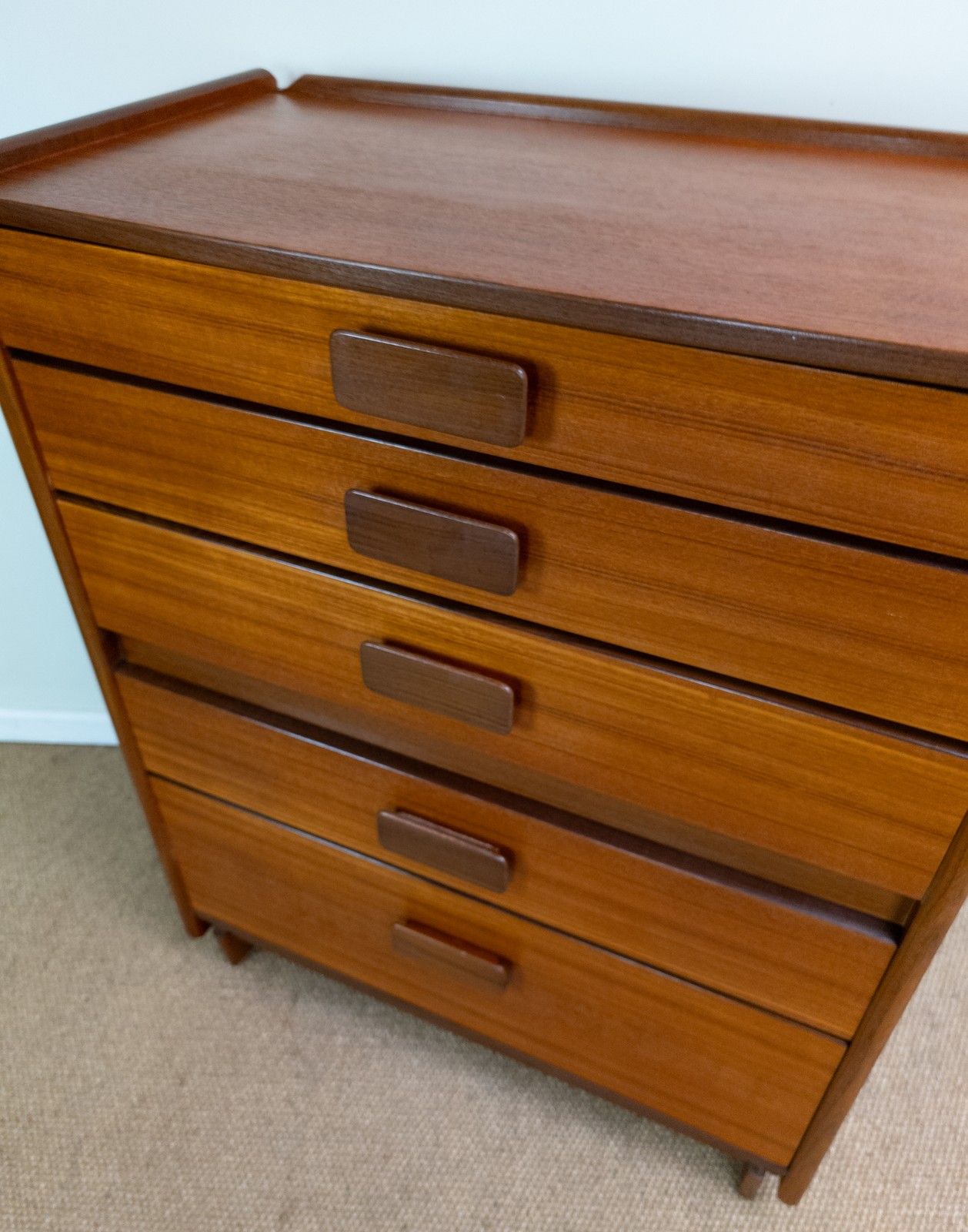 photo furniture Refinished Vintage Mid Century Teak White Newton Tall Boy Chest Of Drawers 102cm