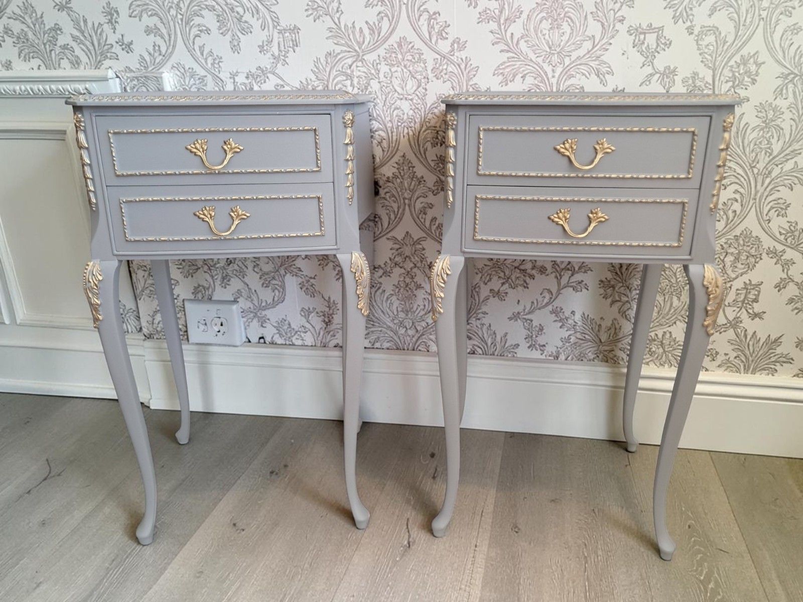 Antique Pair Louis XV Style Bedside Tables Hand Painted Grey French Cabinets photo for sale