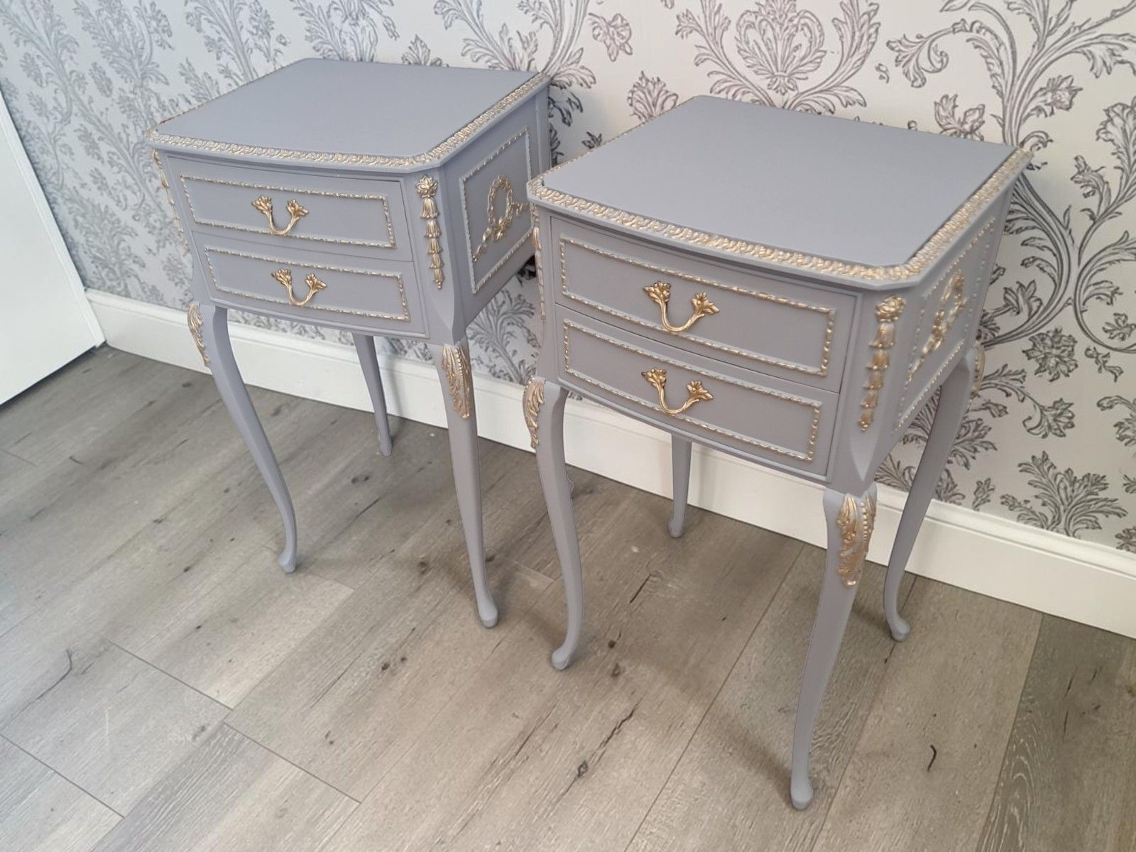 Antique Pair Louis XV Style Bedside Tables Hand Painted Grey French Cabinets photo vinterior