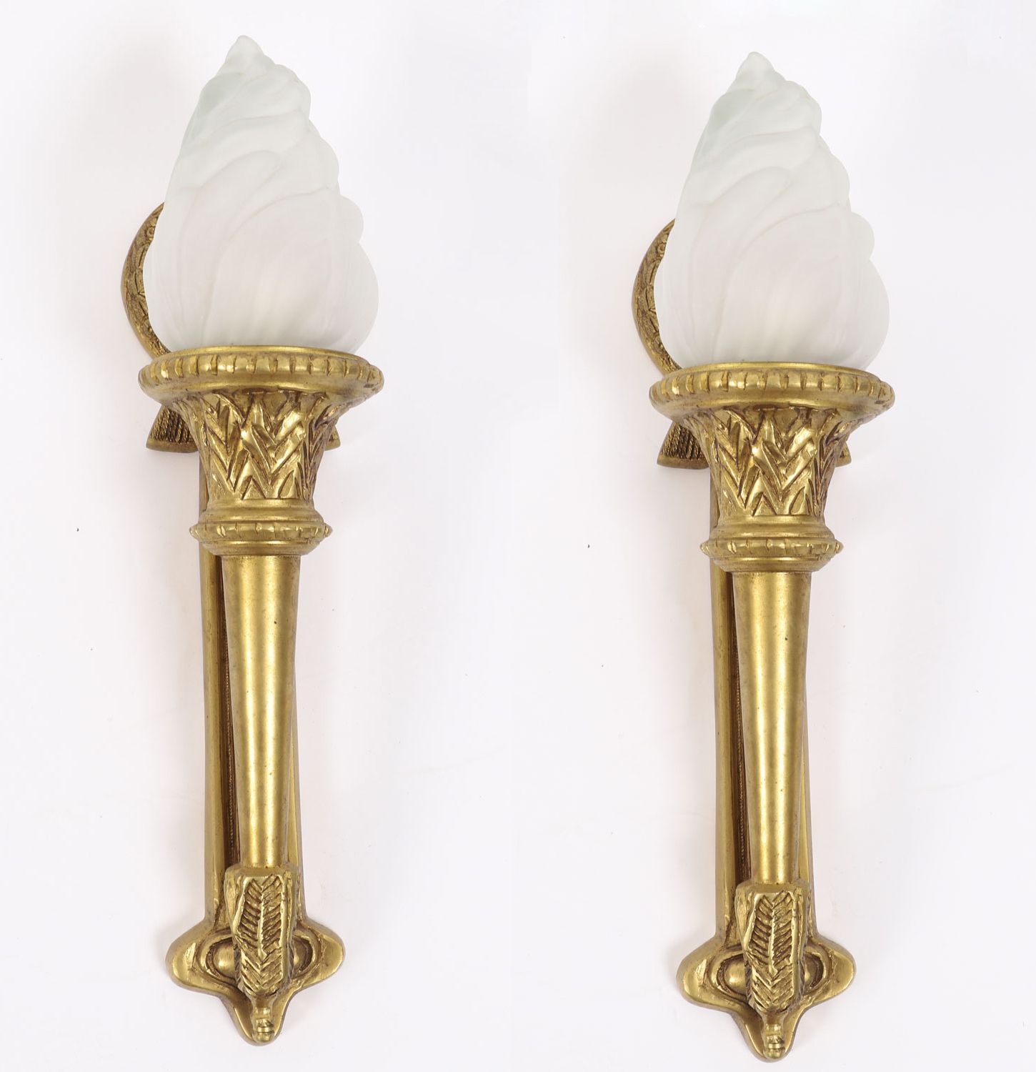 photo for sale Pair Neo Classical Ormolu & Glass Flaming Torch Wall Lights C.1920