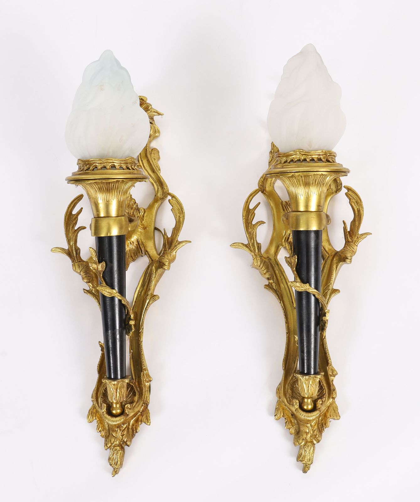 Pair Rococo Revival Ormolu & Glass Flaming Torch Wall Lights C.1900