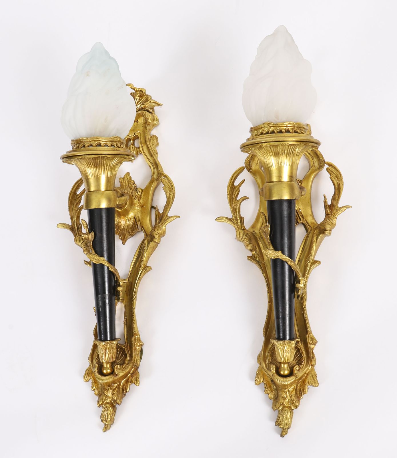 Pair Rococo Revival Ormolu & Glass Flaming Torch Wall Lights C.1900 photo furniture