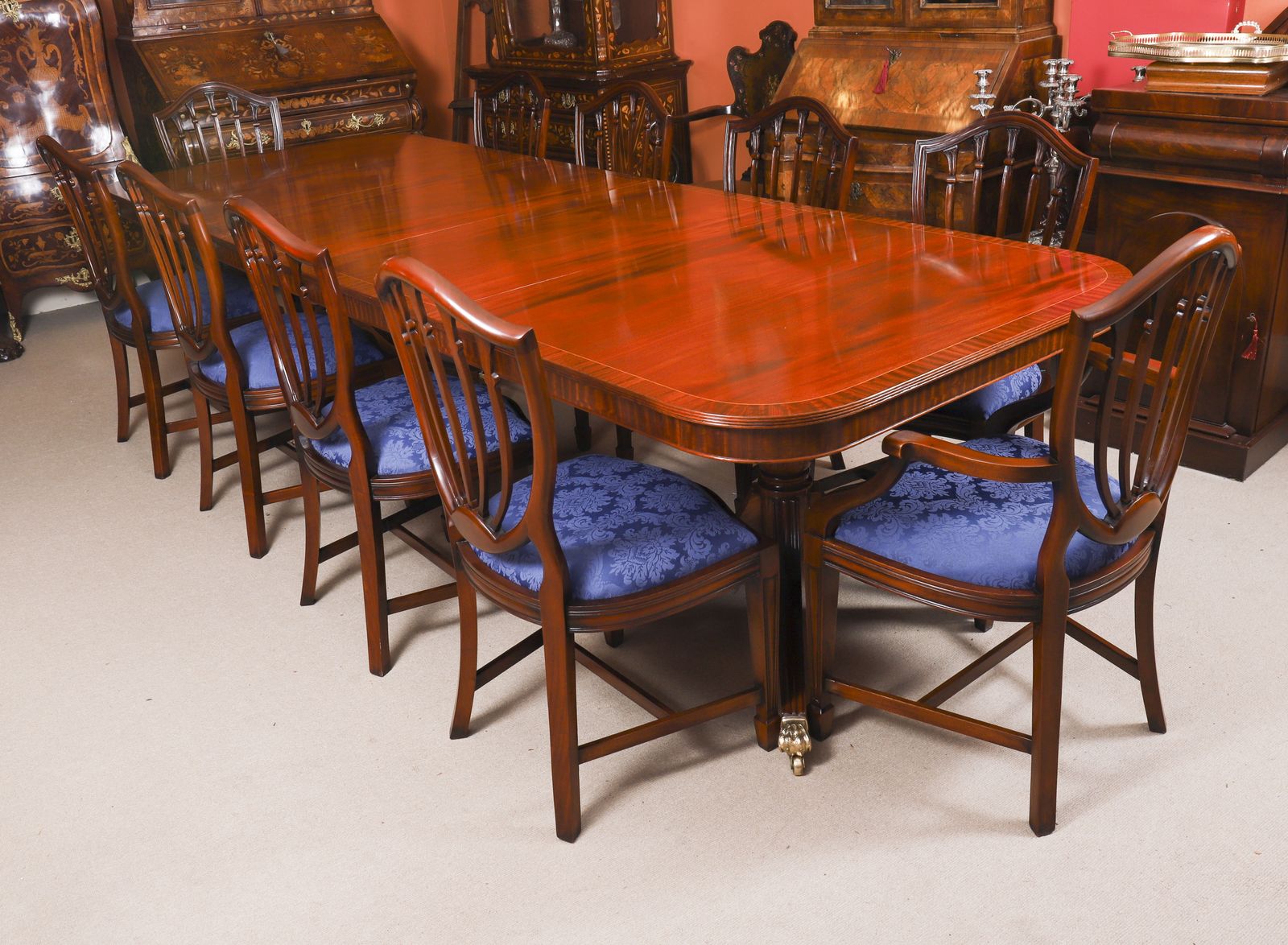 10ft3" Regency Revival Twin Pillar Flame Mahogany Dining Table 20th C photo for sale