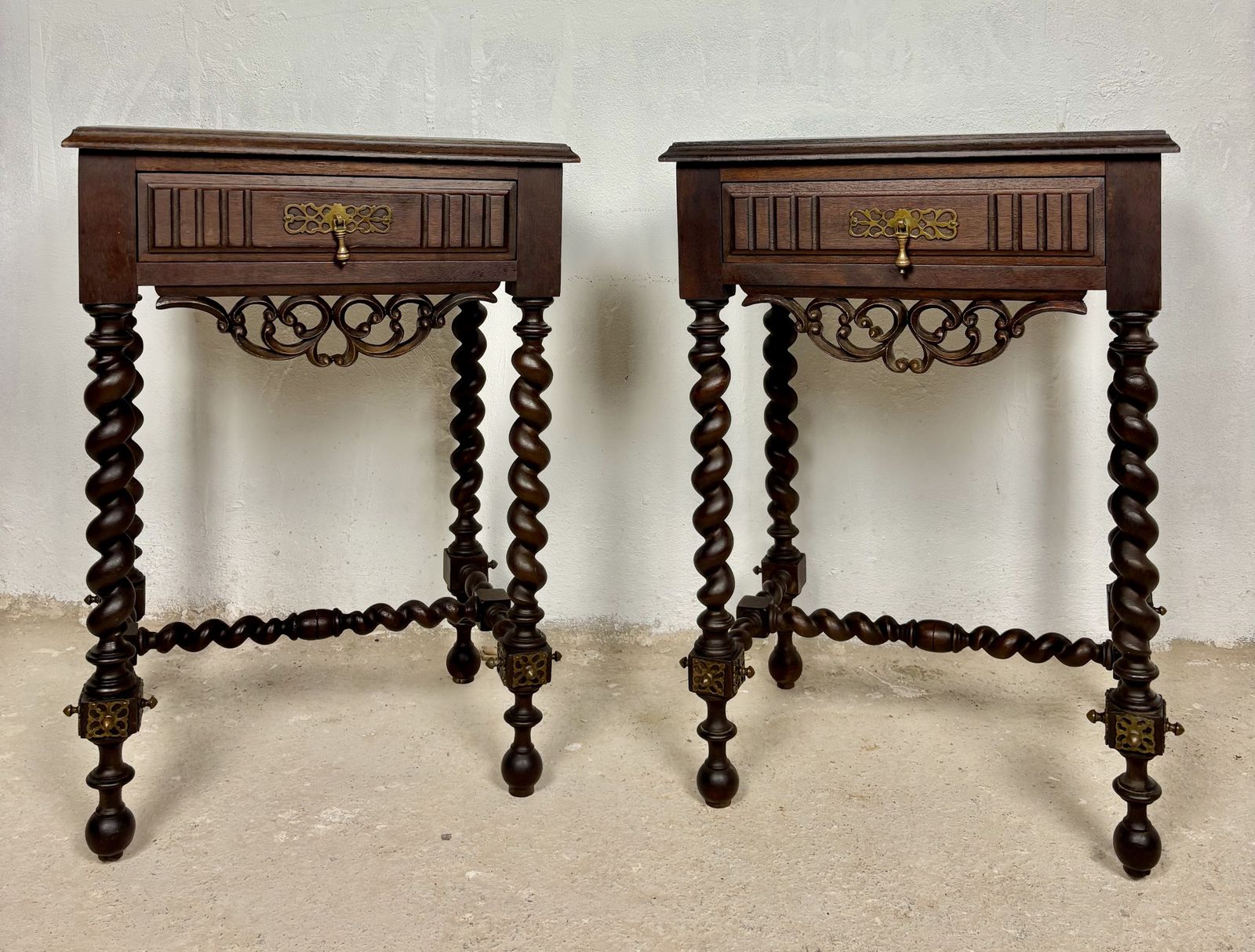Pair Of Spanish Barley Twist Nightstands, 1930s photo for sale