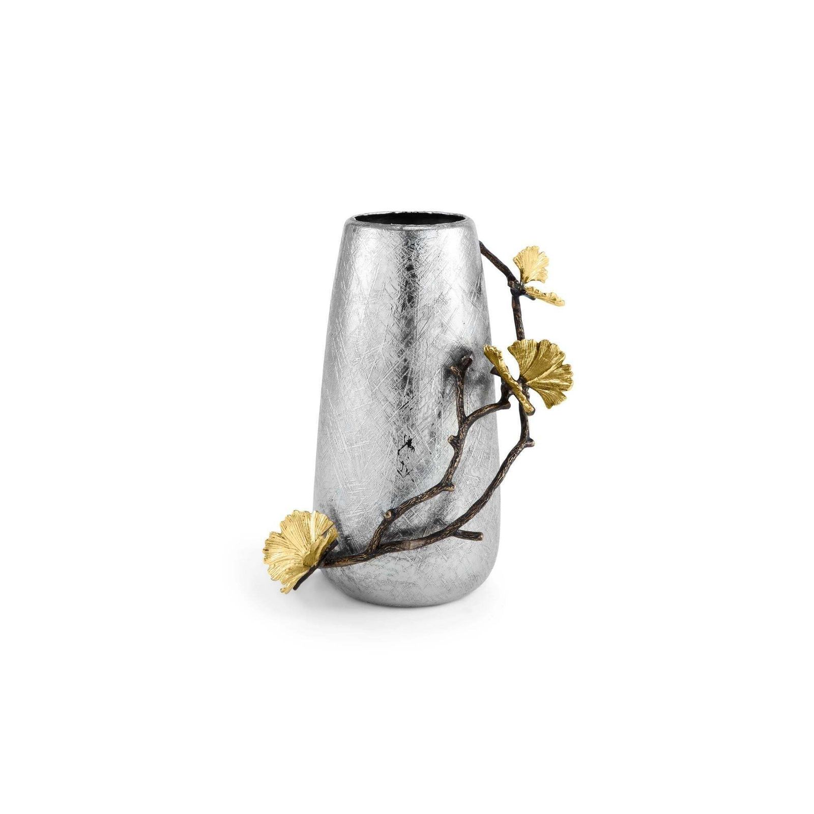 Pair Of Small Contemporary Silver Metal Ginkgo Vase With Gold Leaves photo furniture