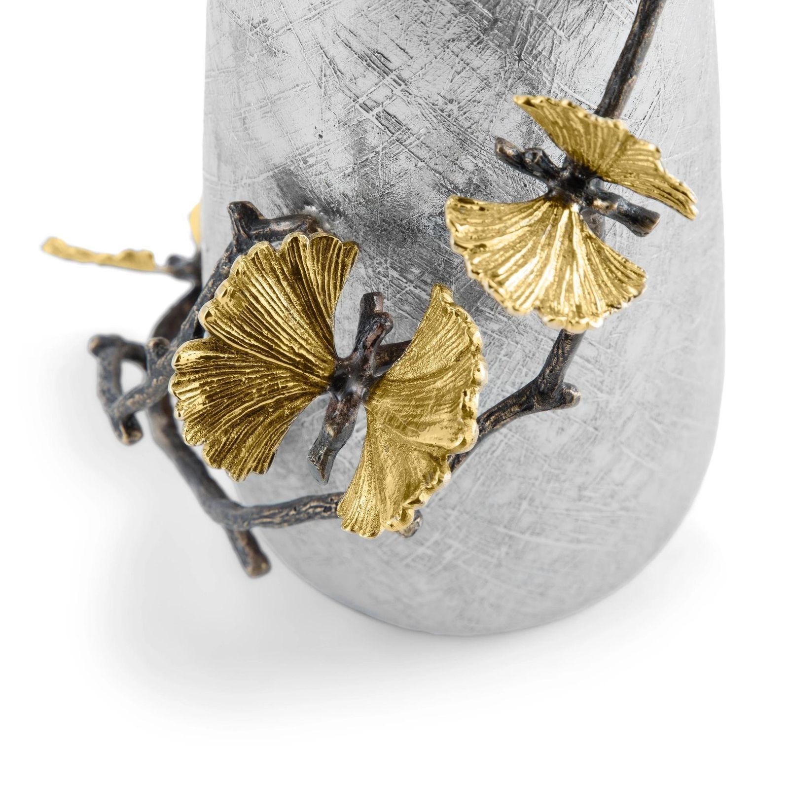 Pair Of Small Contemporary Silver Metal Ginkgo Vase With Gold Leaves photo for sale