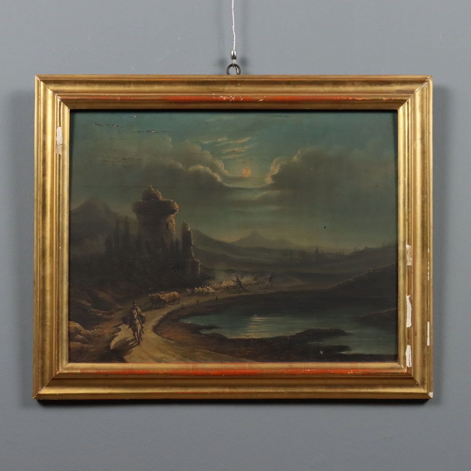 Antiek schilderij nachtlandschap olie op hardboard 19e eeuw
