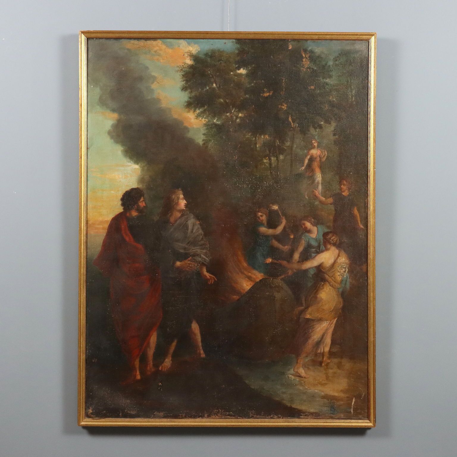 Antiek schilderij De nimfen verbranden het schip van Telemachus XVII eeuw