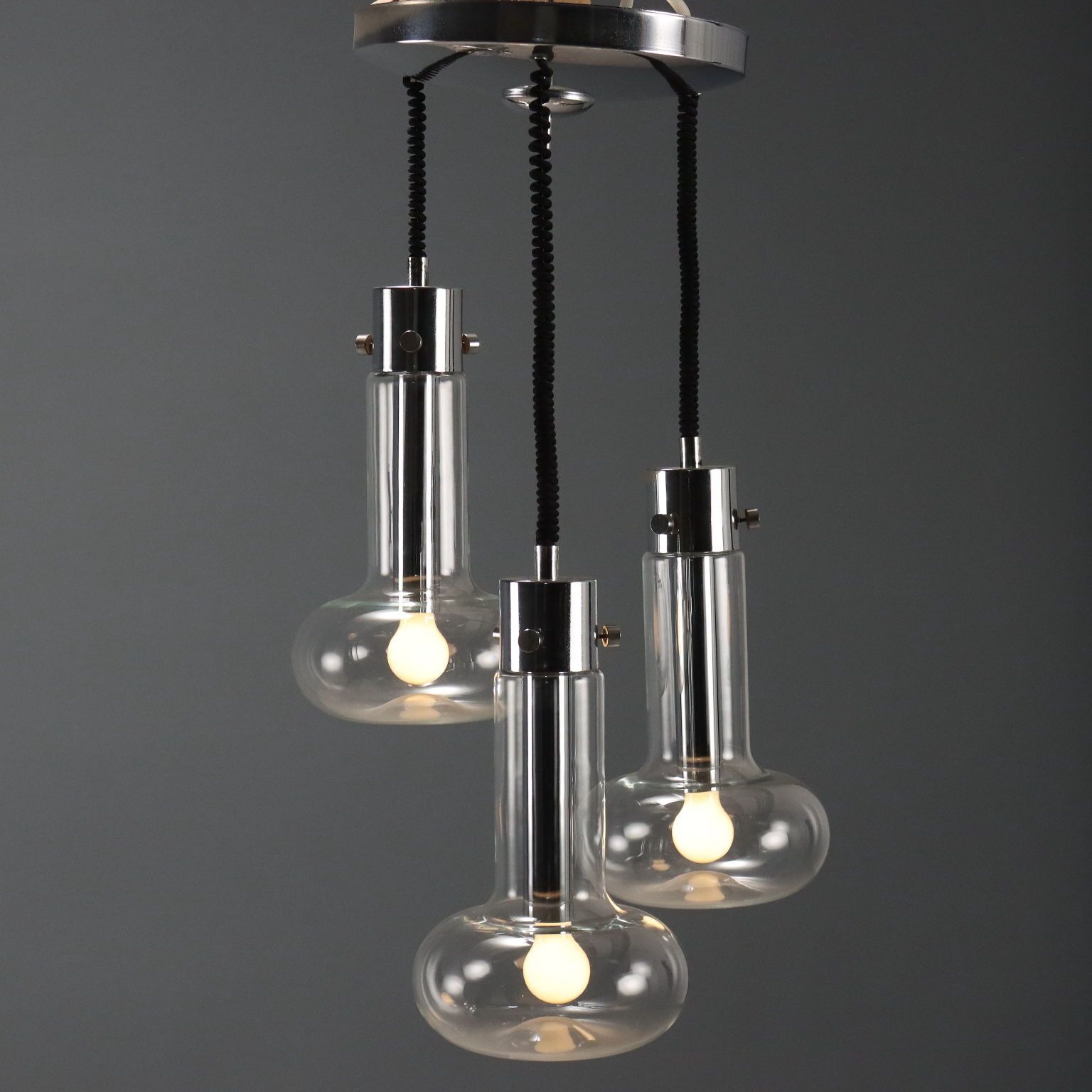 Vintage Chandelier Chromed Metal Glass Design Italy 1960s