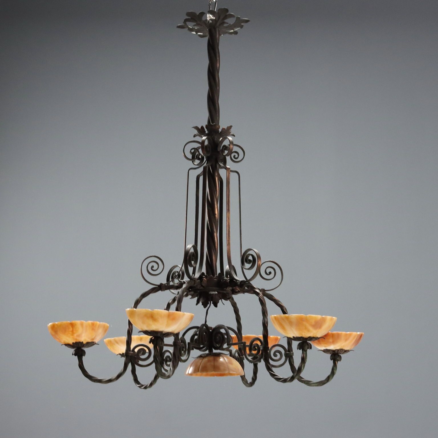 Chandelier Art Nouveau Metaal 6 Lichten Italië XX Eeuw