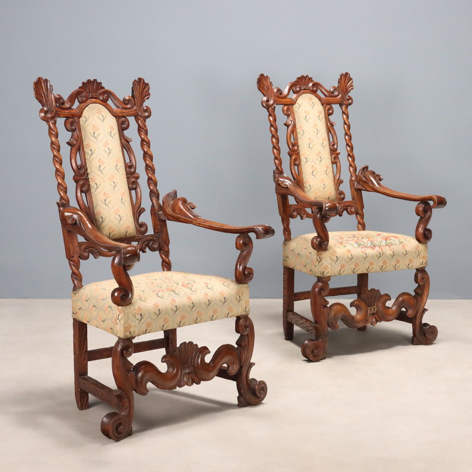 Antique Baroque Armchairs Walnut Fabric Italy XVII Century