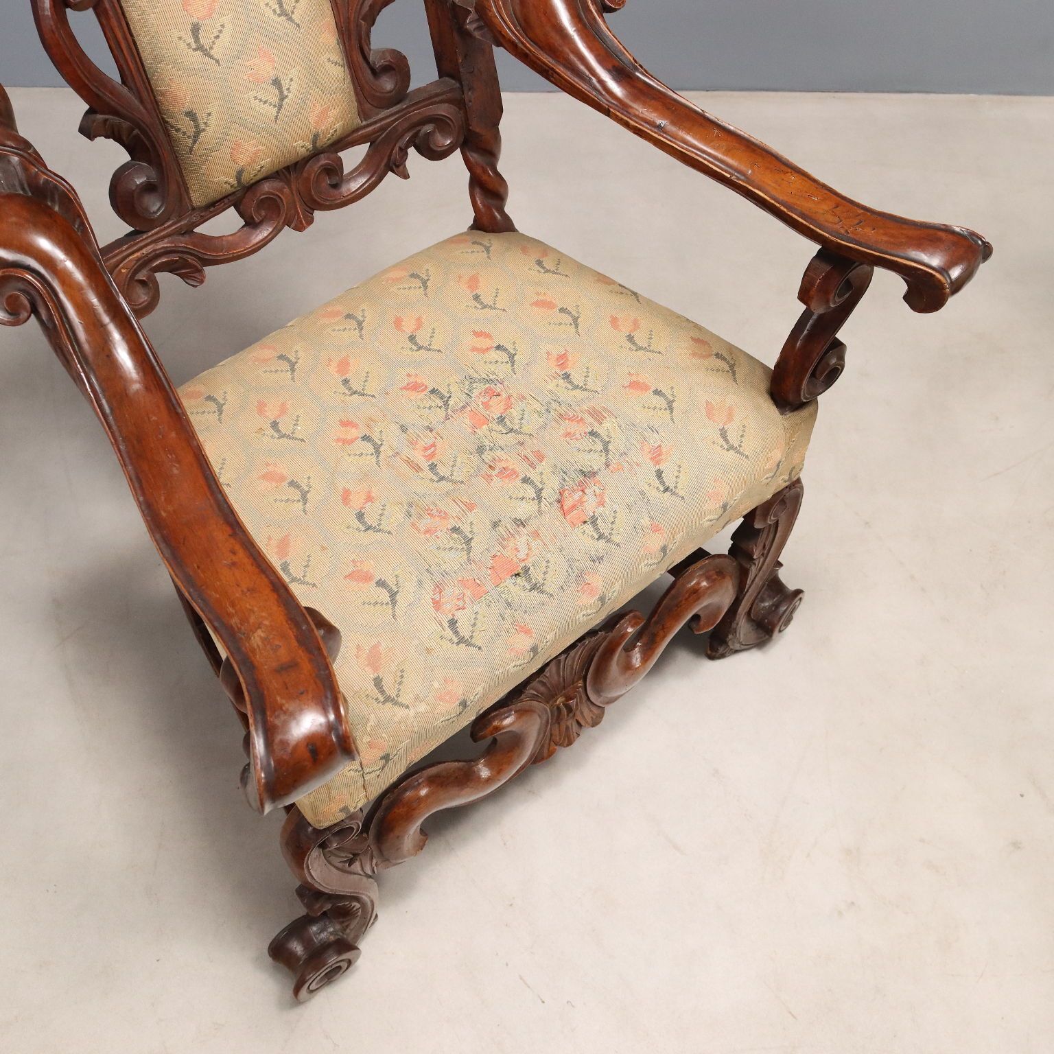 Furniture Antique Baroque Armchairs Walnut Fabric Italy XVII Century photo