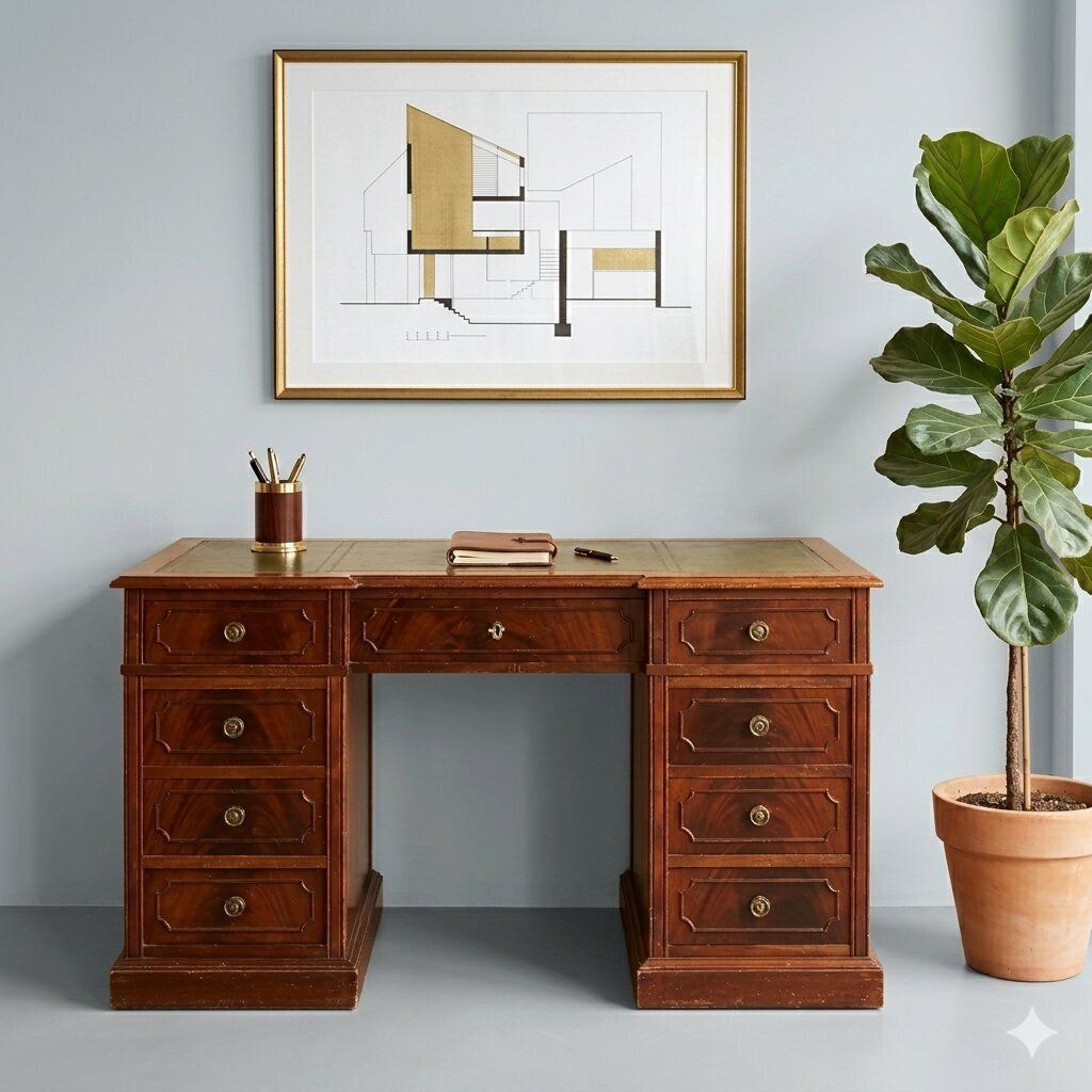 Antique Writing Desk Mahogany Leather Insert Bronze XX Century photo furniture