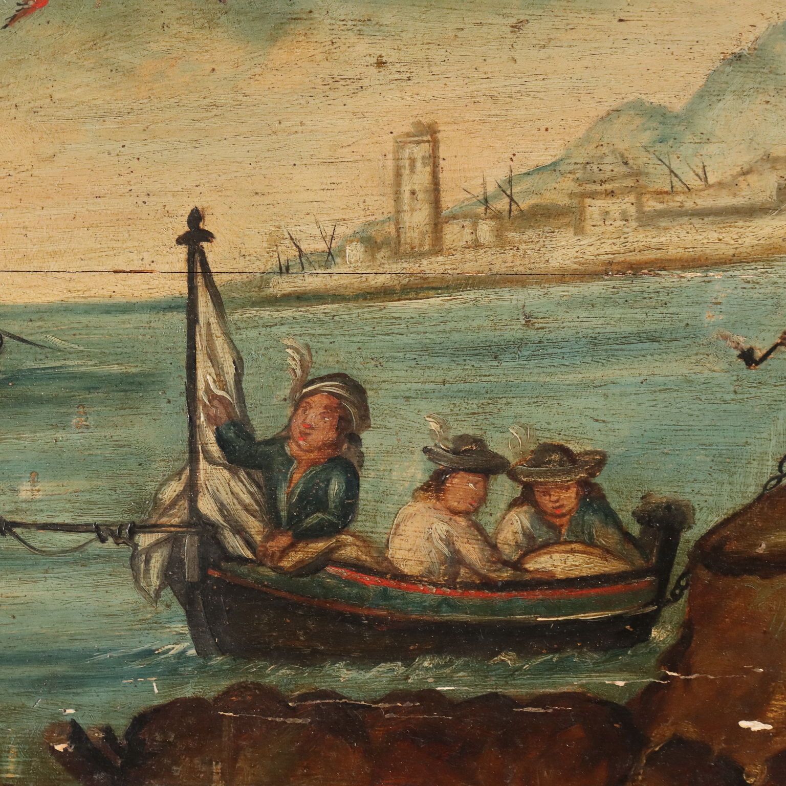 Peinture d'époque, vue de mer et de port, huile sur panneau dur, XIXe siècle photo 730.0