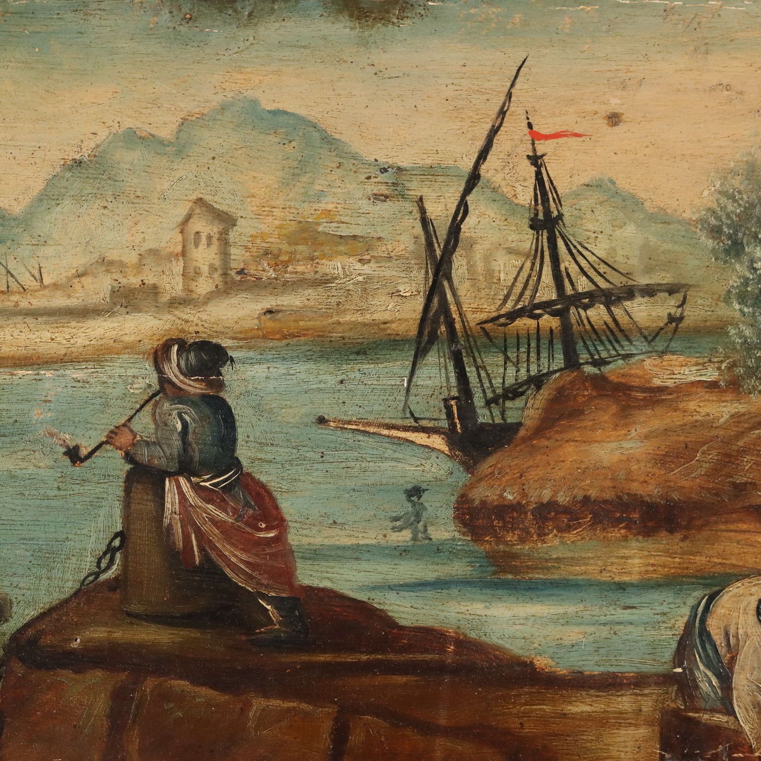 Peinture d'époque, vue de mer et de port, huile sur panneau dur, XIXe siècle photo vinterior