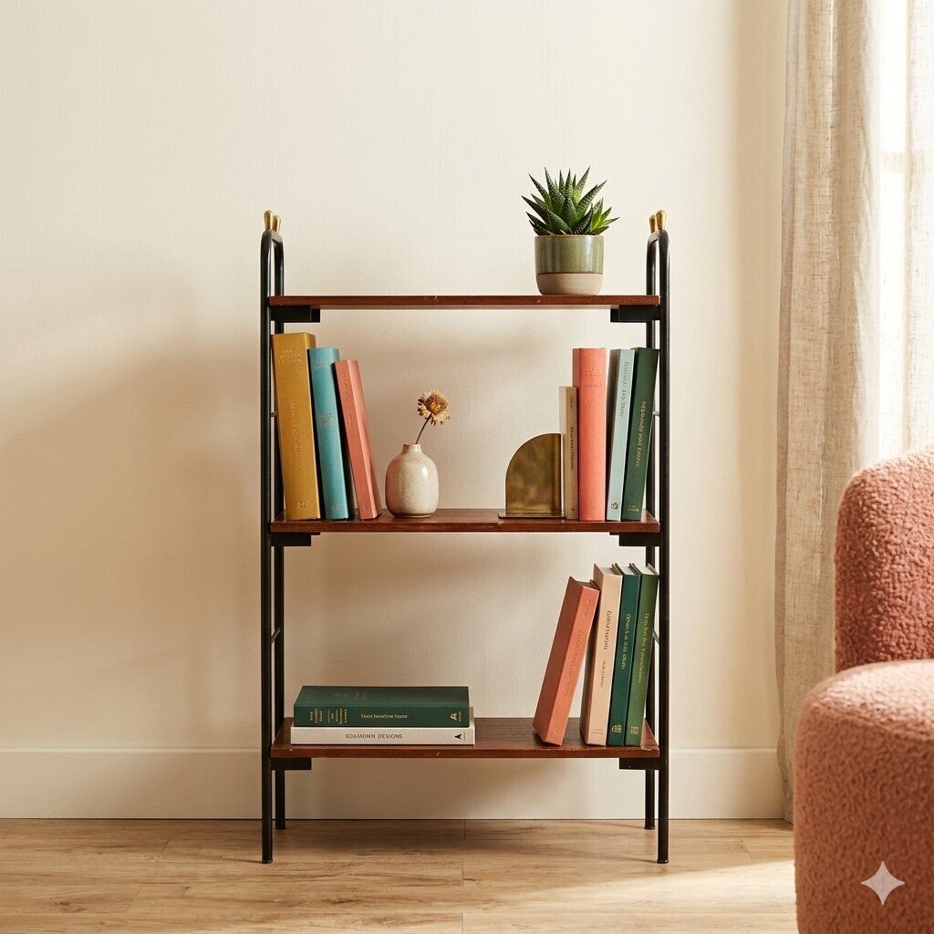 Small Vintage Bookcase Mahogany Veneer Metal 1960s photo furniture