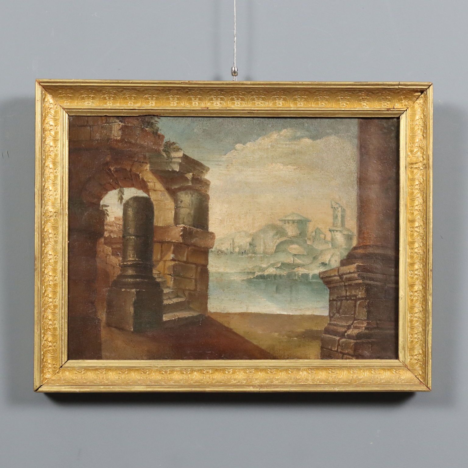 Antique Painting Archictectural Folly Oil On Canvas XVIII Century
