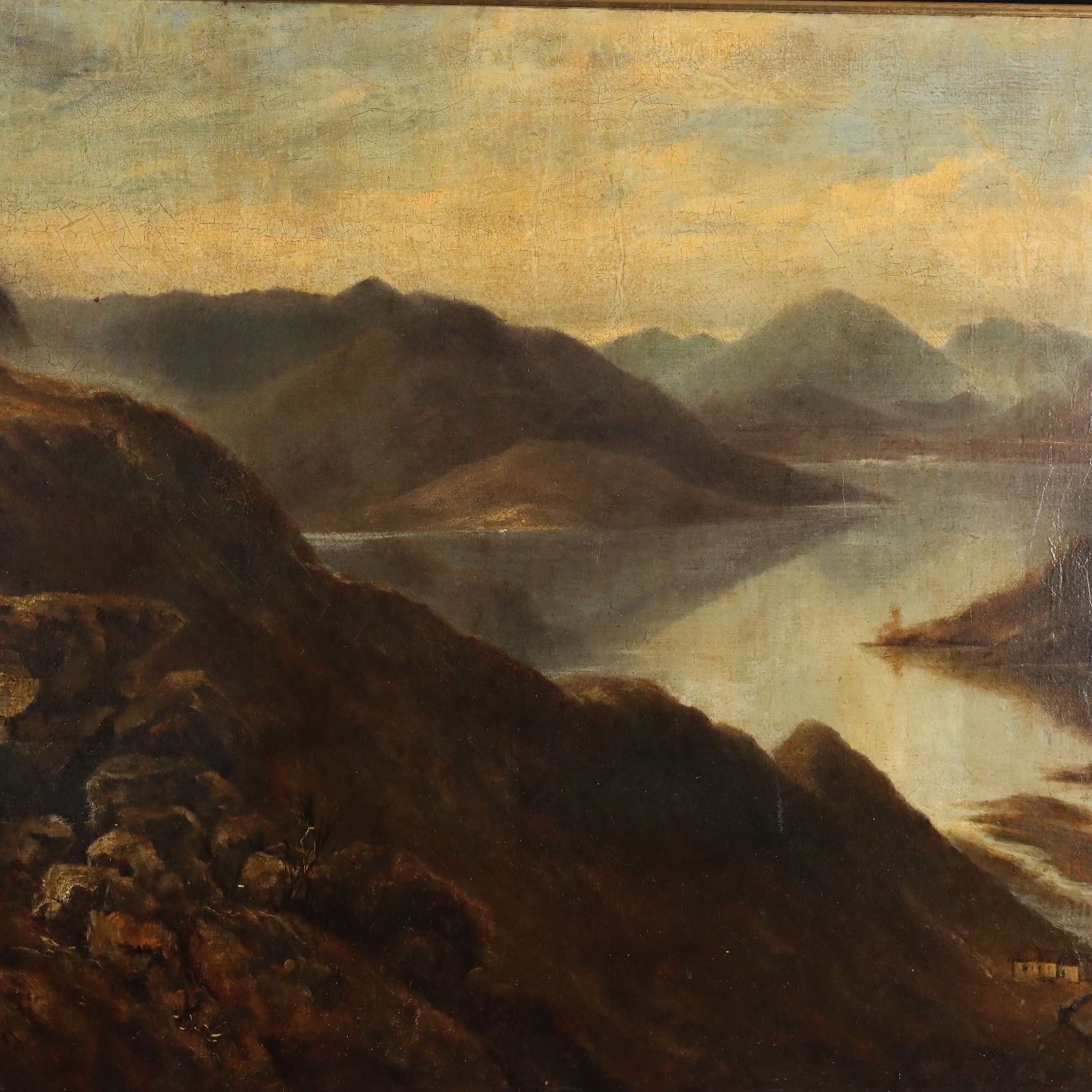 Tableau d'époque, paysage de montagne avec lac, huile sur toile, 1890 photo for sale