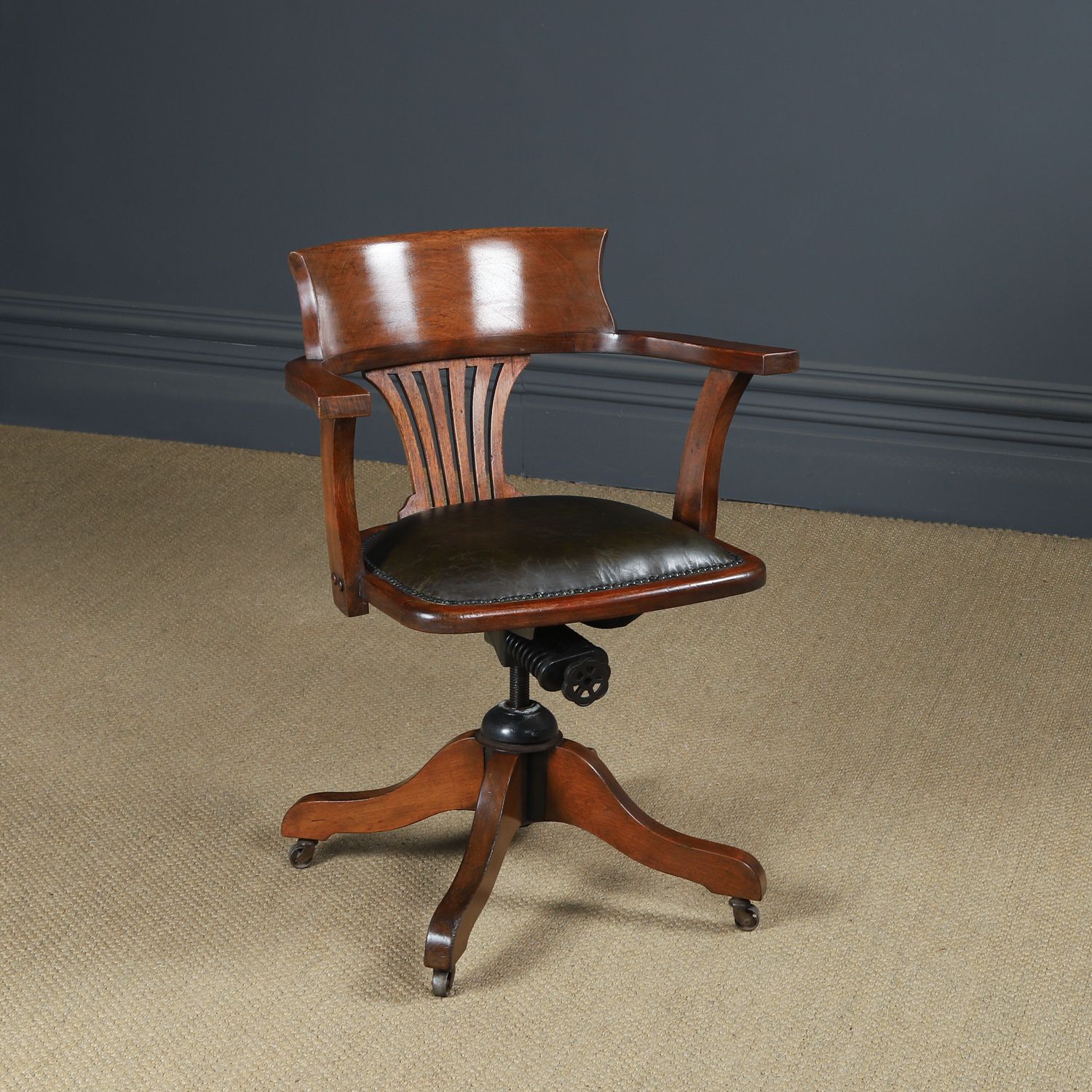 English Edwardian Beech & Green Leather Revolving Office Desk Arm Chair (Circa 1910) photo furniture