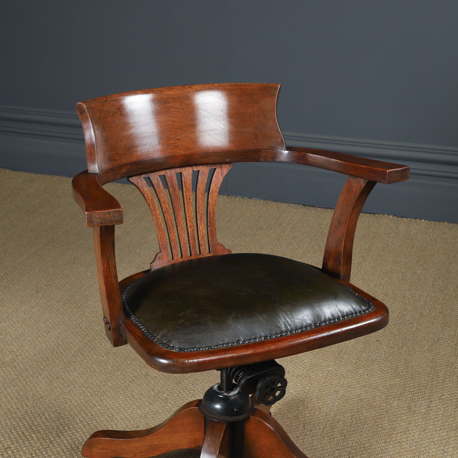 English Edwardian Beech & Green Leather Revolving Office Desk Arm Chair (Circa 1910) photo for sale