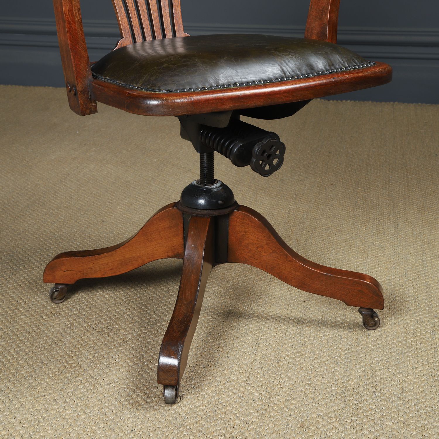 photo furniture English Edwardian Beech & Green Leather Revolving Office Desk Arm Chair (Circa 1910)