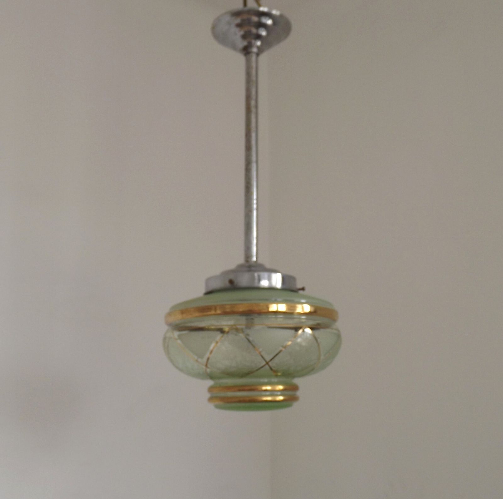 French Green & Gold Art Deco Glass Shade Ceiling Light Silver Fittings