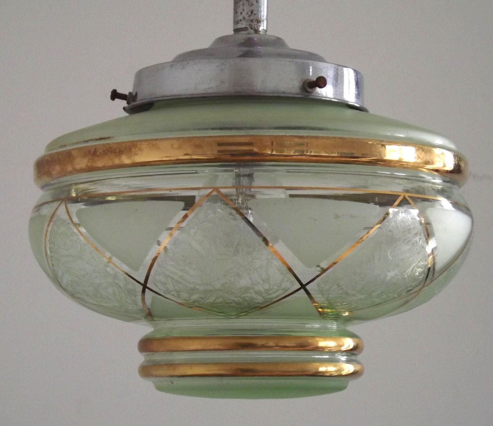 French Green & Gold Art Deco Glass Shade Ceiling Light Silver Fittings photo vinterior
