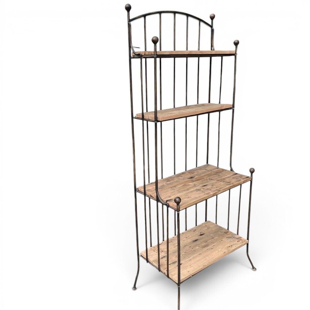 Tall Metal Display Unit With Rustic Pine Wood Shelves