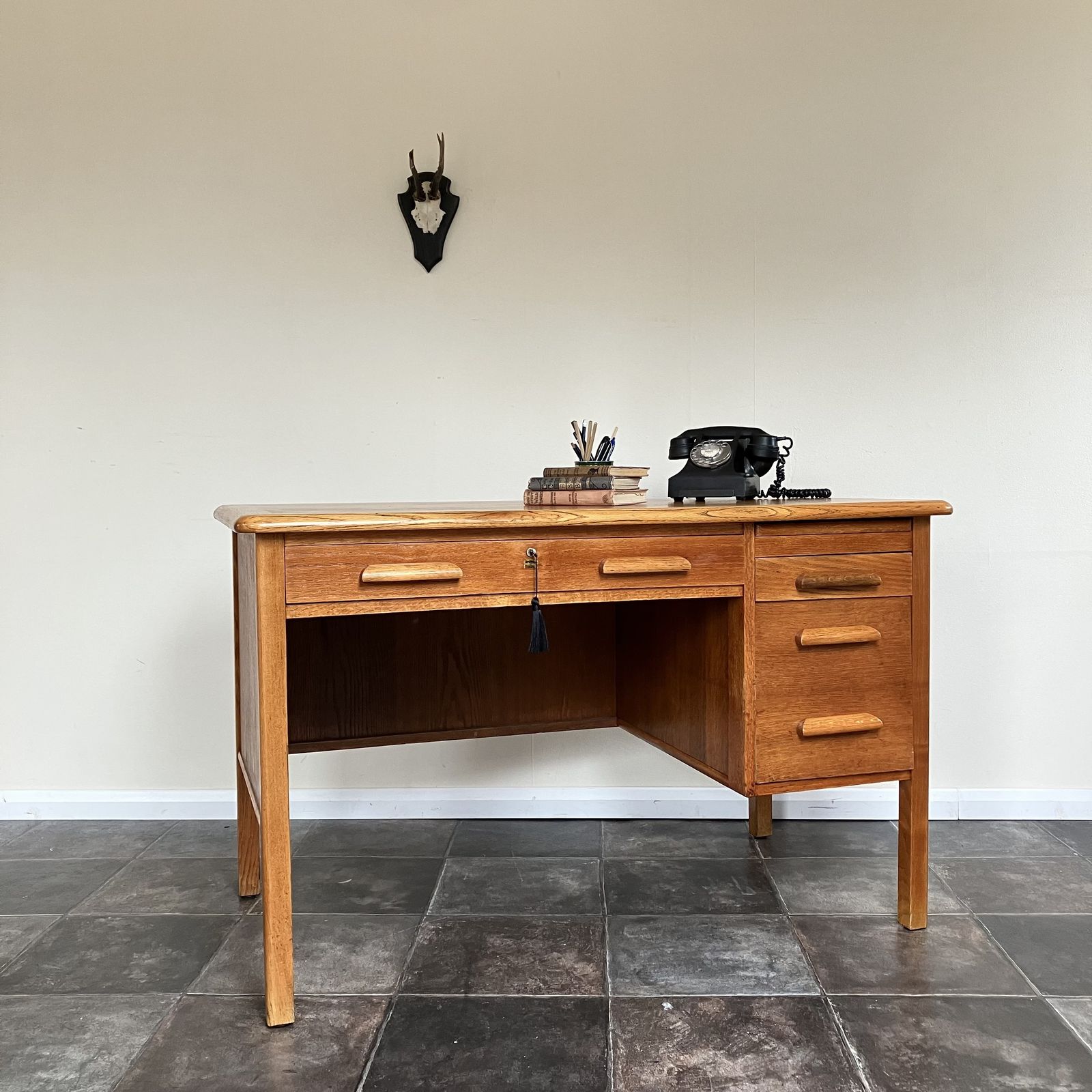 Refurbished Mid Century 1950's Oak Teacher's Desk By Abbess, Lockable photo furniture