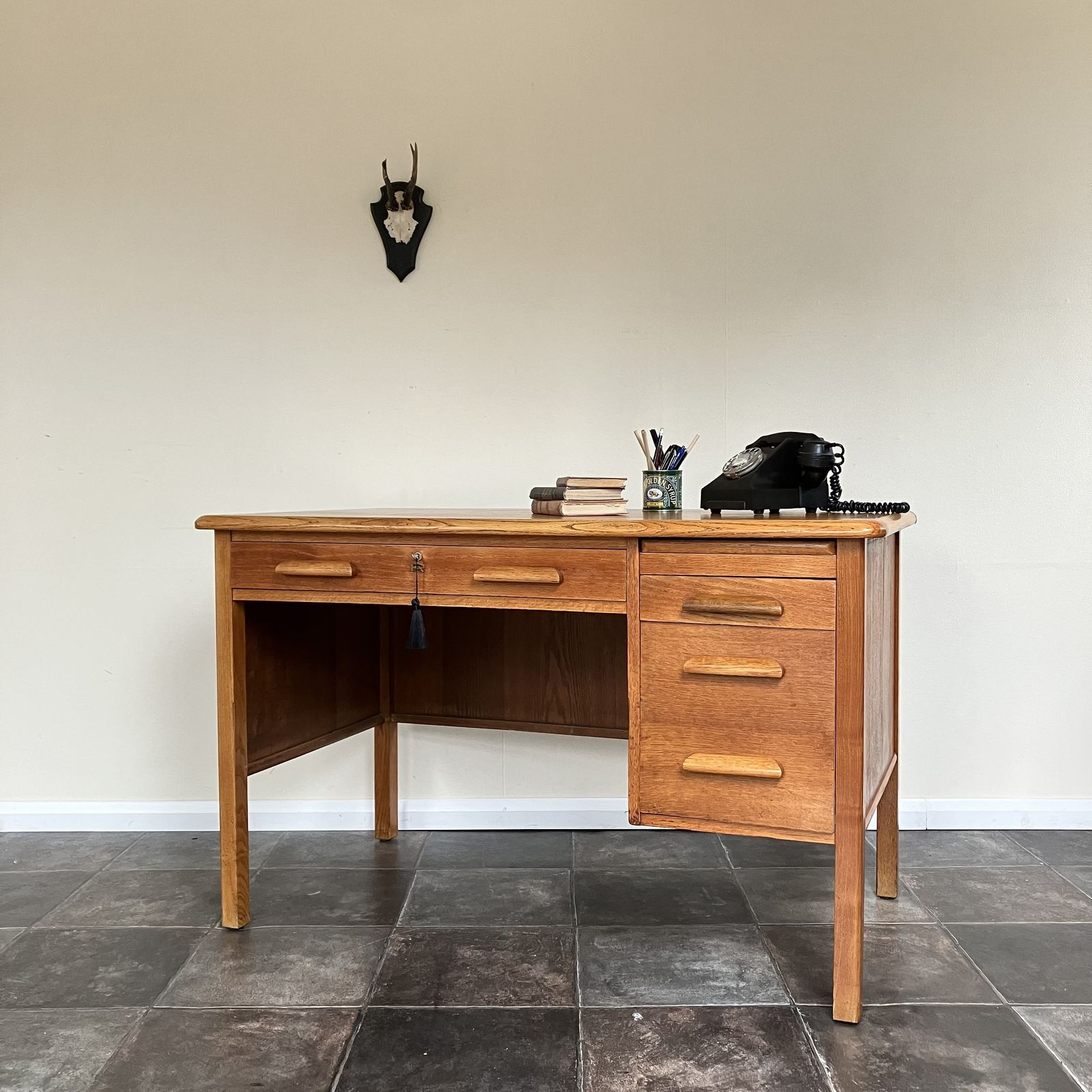 Refurbished Mid Century 1950's Oak Teacher's Desk By Abbess, Lockable photo for sale