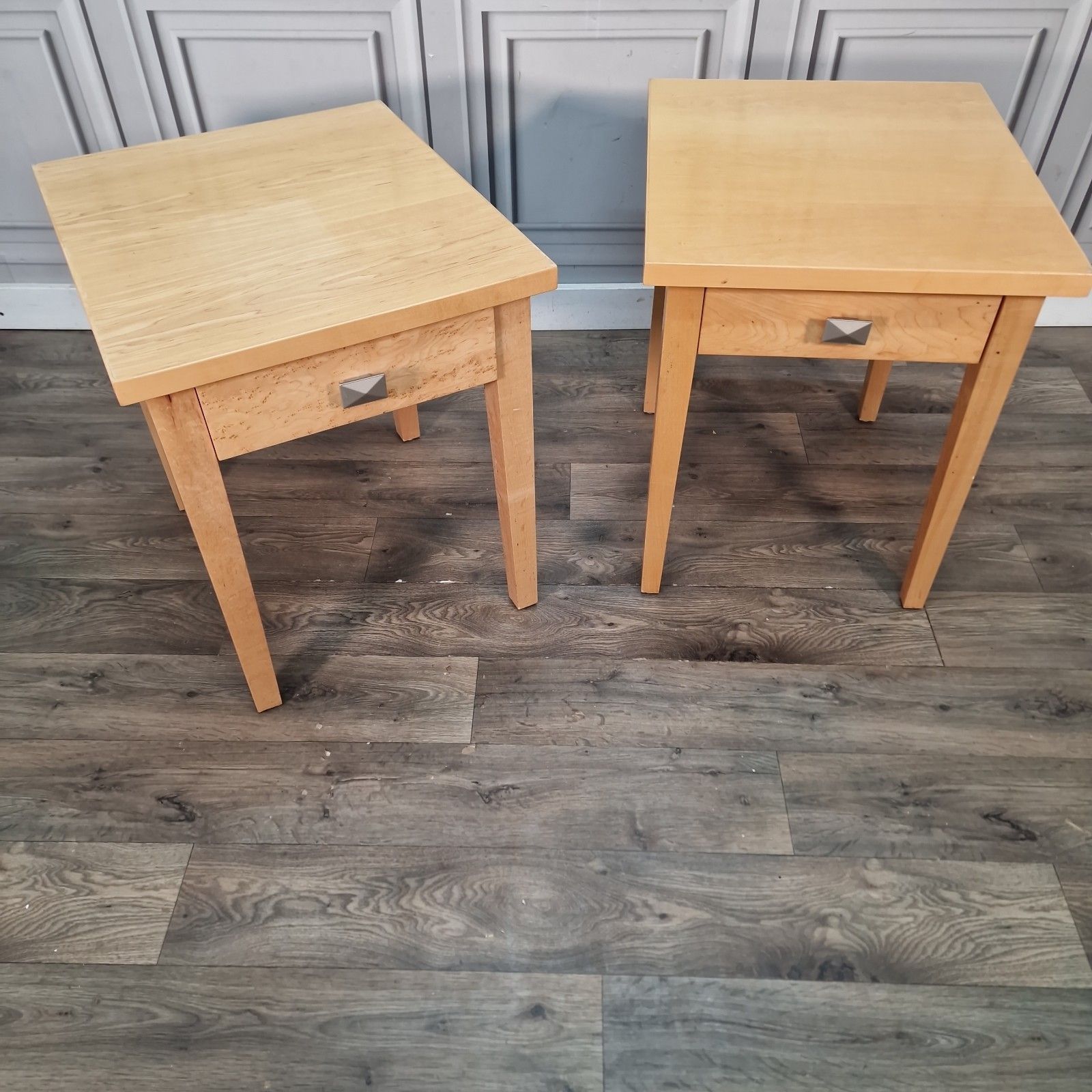 Pair 2 Bedside Tables Maple Veneer Drawers Lamp Side Cabinet Nightstands Retro photo for sale