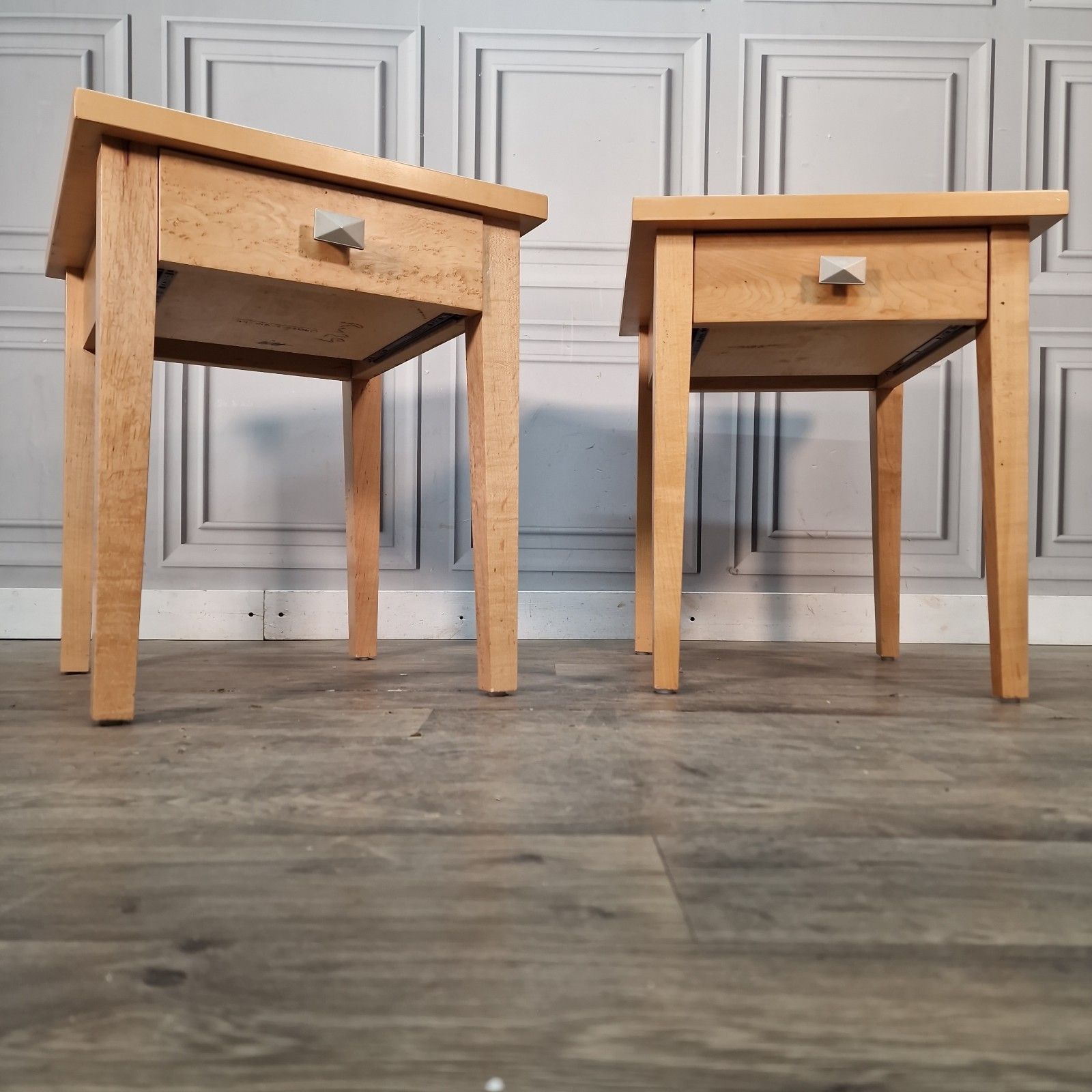 Pair 2 Bedside Tables Maple Veneer Drawers Lamp Side Cabinet Nightstands Retro photo Furniture