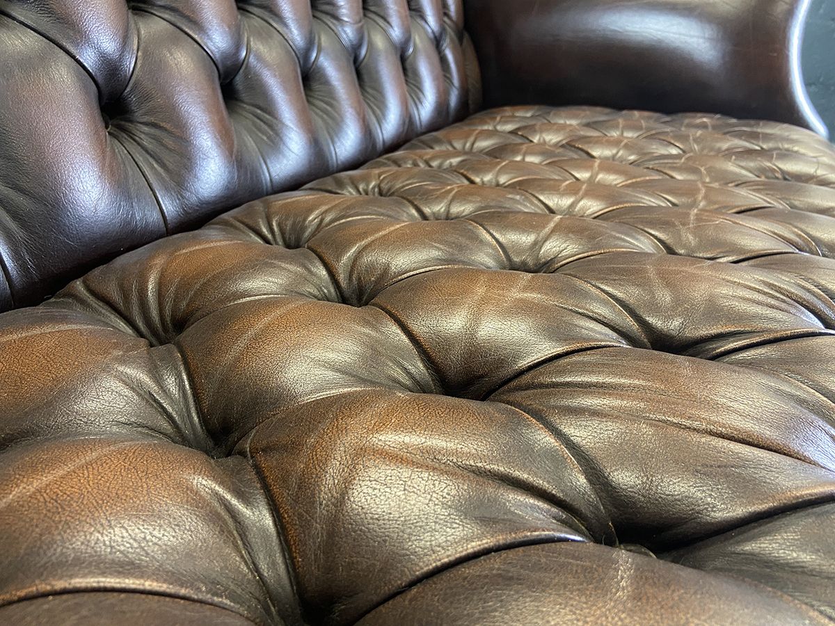 photo vintage Wingback Chesterfield Style Sofa, Circa 1980s.