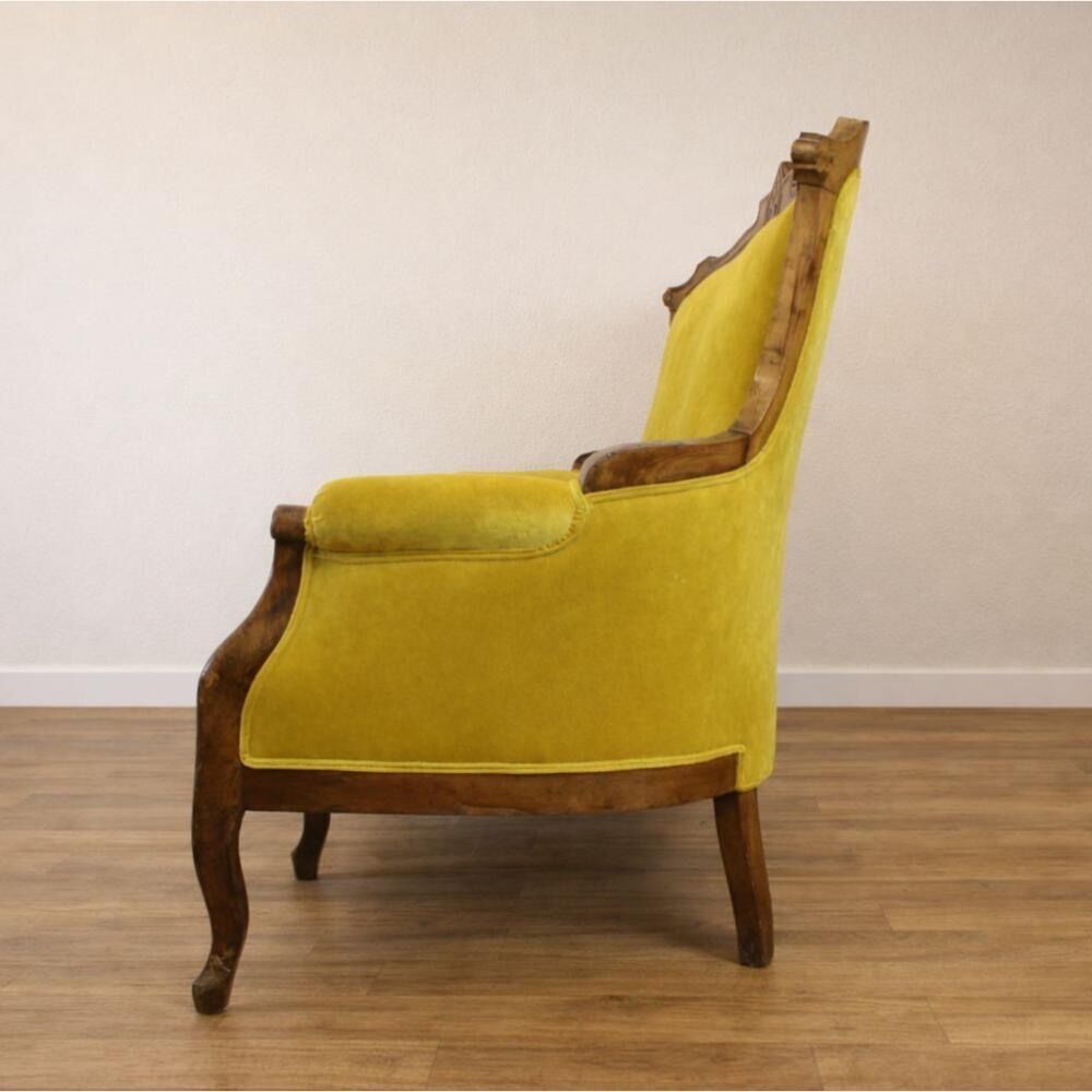 Art Nouveau Walnut And Mustard Velvet Sofa photo for sale