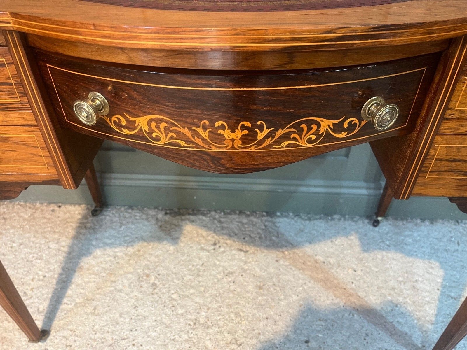 photo vinterior Antique Desk /Writing Desk Red Leather Top Inlaid Rosewood Mid 1800’s