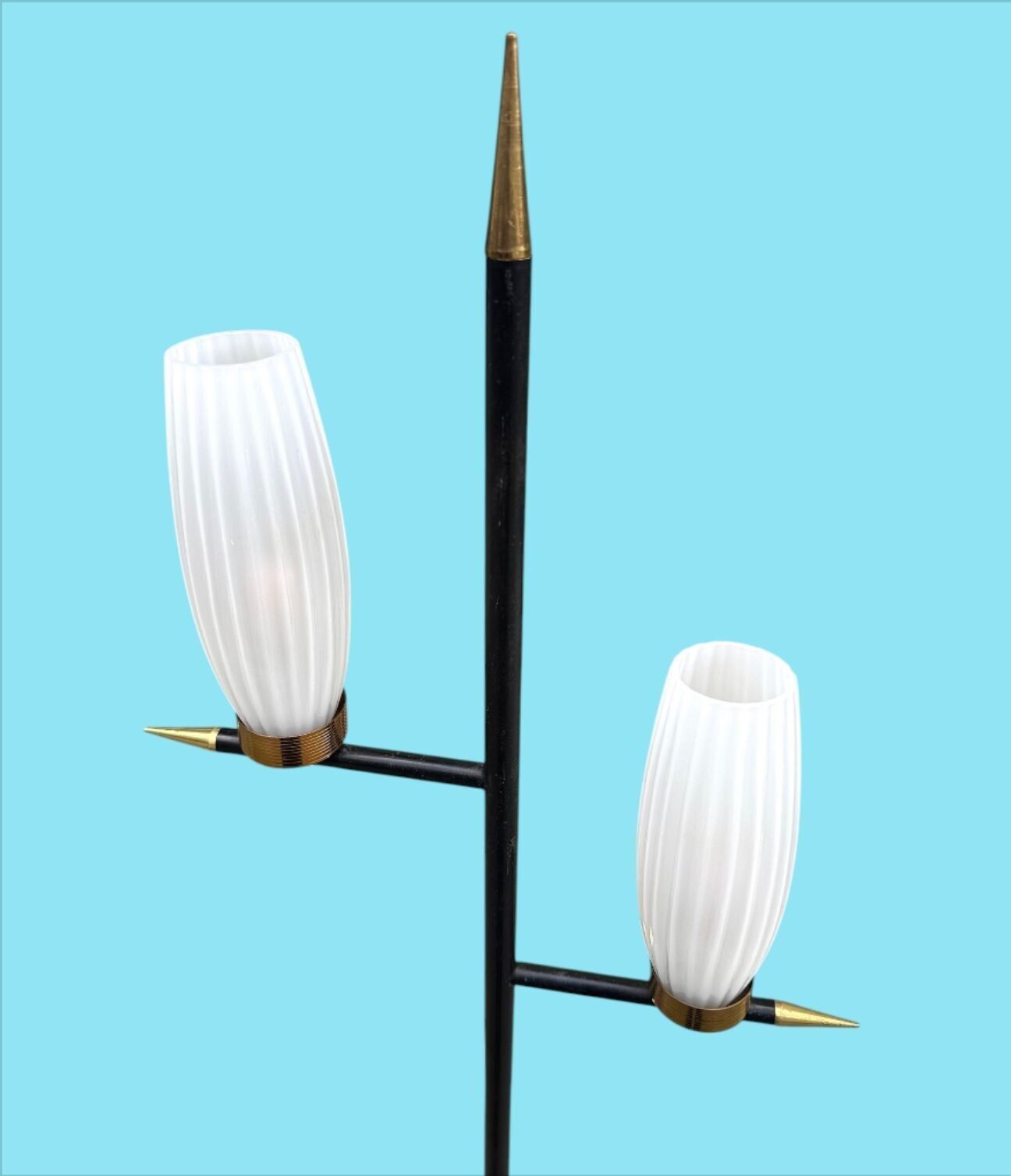An Italian 1960s Black Lacquer And Brass Floor Lamp With Opaline Glass Shades photo vintage